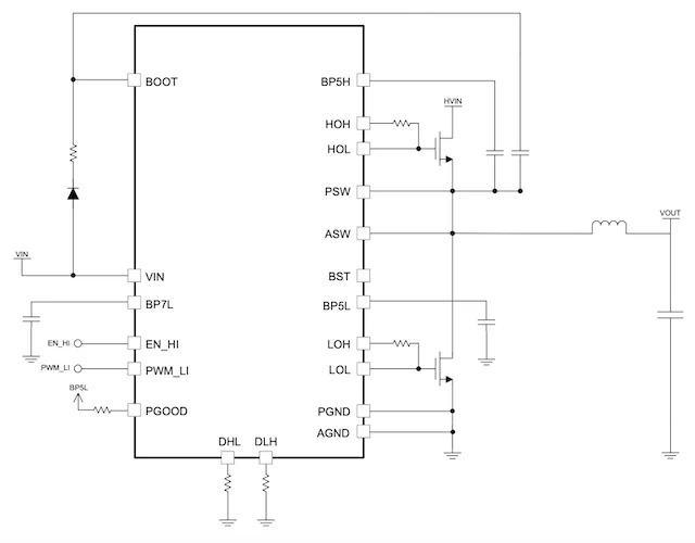 Simplified application diagram of the TPS7H60x5-SP and TPS7H60x5-SEP